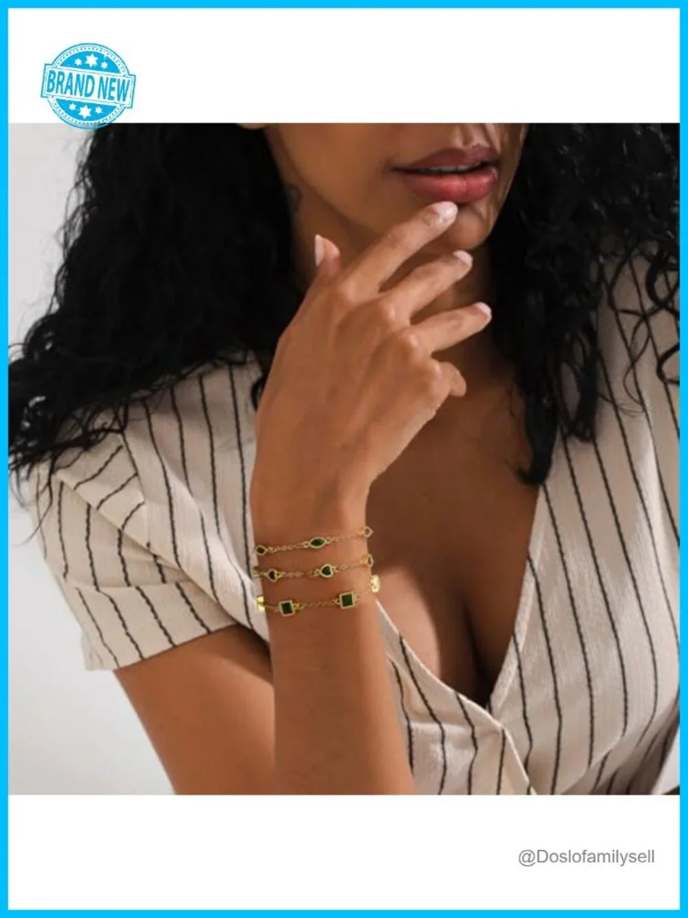 14K Gold Plated Dainty Link Bracelet Set with Green CZ Stones Stackable Jewelry